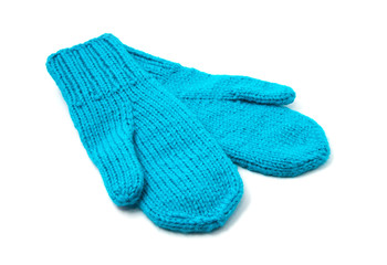 Blue mittens isolated on white background