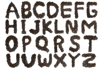 Roasted coffee beans shaped alphabet