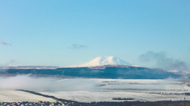 Fototapeta View from window to the top of Elbrus in the Caucasus. Elbrus region, a mountain landscape in the Caucasus region, Elbrus.