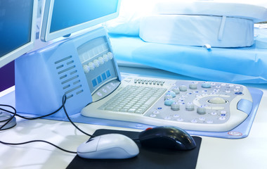 Equipment at oncology department at hospital. Modern ultrasound apparatus close-up in a hospital.