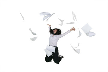 Successful businesswoman jumps with documents