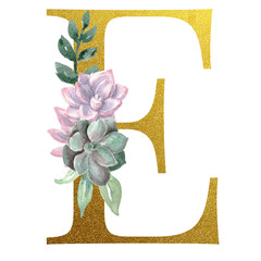 Watercolor Monogram Alphabet Letter E Gold Foil