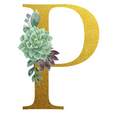 Watercolor Monogram Alphabet Letter P Gold Foil