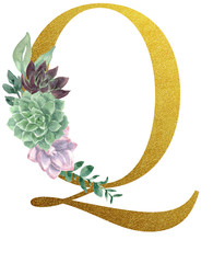 Watercolor Monogram Alphabet Letter Q Gold Foil
