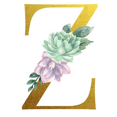 Watercolor Monogram Alphabet Letter Z Gold Foil