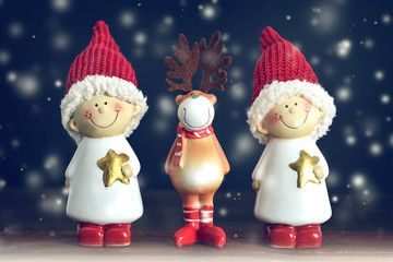 Christmas reindeer and elves.  Christmas card