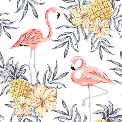 Keuken foto achterwand Ananas Tropische roze flamingo vogels, hibiscus bloemen boeketten, ananas, palmbladeren achtergrond. Vector naadloos patroon. Oerwoudillustratie. Exotische planten. Zomer strand bloemmotief. Paradijs natuur