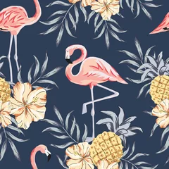 Foto op Plexiglas Ananas Tropische roze flamingo vogels, hibiscus bloemen boeketten, ananas, palmbladeren, marine achtergrond. Vector naadloos patroon. Oerwoudillustratie. Exotische planten. Zomer strand bloemmotief. Natuur