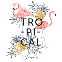 Obraz premium Tropical pink flamingo birds, palm leaves, pineapples, hibiscus flower, white background. Print for tee shirt template. Botanical vector illustration. Summer beach floral design. Paradise nature