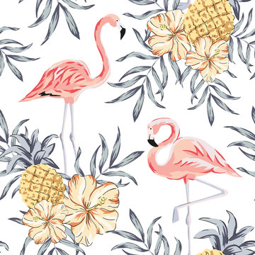 Tropical pink flamingo birds, hibiscus flowers bouquets, pineapples, palm leaves background. Vector seamless pattern. Jungle illustration. Exotic plants. Summer beach floral design. Paradise nature
