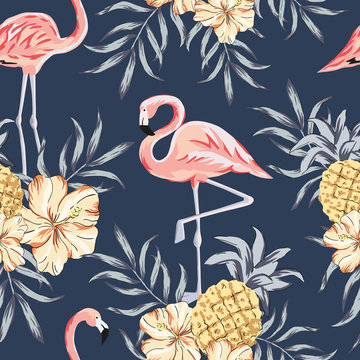 Tropical pink flamingo birds, hibiscus flowers bouquets, pineapples, palm leaves, navy background. Vector seamless pattern. Jungle illustration. Exotic plants. Summer beach floral design. Nature
