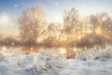 Crédence de cuisine en verre imprimé Hiver Amazing winter scene on bright morning sunrise with vibrant sunrays through frosty and snowy trees. Winter snowfall. Natural landscape of cold christmas morning. Xmas background.