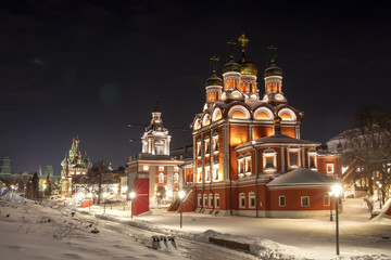 Fototapeta na wymiar Cathedral of the Our Lady of the Sign Icon. Znamensky Monastery in winter night. Moscow, Russia.