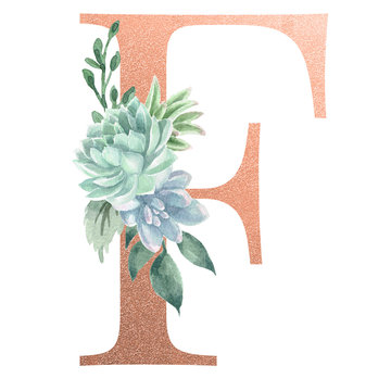 recommend clip art: Watercolor Monogram Alphabet Letter F Rose Gold Foil