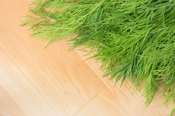 green dill on wooden background whith copyscape.