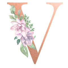 Watercolor Monogram Alphabet Letter V Rose Gold Foil