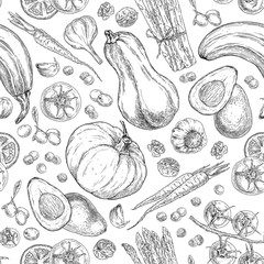 Hand-drawn seamless pattern with different vegetables and nuts for healthy eating.