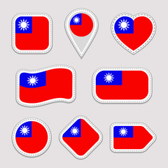 Taiwan flag vector set. Taiwanese flags stickers collection. Isolated geometric icons. National symbols badges. Web, sport page, patriotic, travel, school, design elements. Different shapes