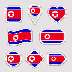 North Korea flag vector set. North Korean flags stickers collection. Isolated geometric icons. DPRK national symbol badge. Web, sport page, patriotic, travel, school, design elements. Different shapes