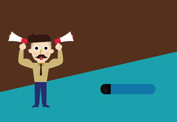 Flat design business Vector Illustration Empty template esp isolated Minimalist graphic layout template for advertising. Bearded Man with necktie Raise up Arms Holding Two Megaphone Sideways