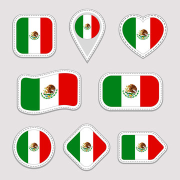 Mexico flag vector set. Mexican flags stickers collection. Isolated geometric icons. National symbols badges. Web, sport page, patriotic, travel, school, design elements. Different shapes