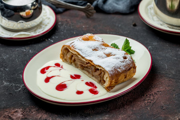 Apple strudel with ice cream