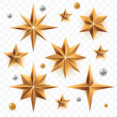 Obraz premium Christmas golden stars set isolated on transparent background. Gold stars of different forms with silver beads. Xmas decoration element for your design. Vector eps 10.