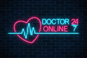 Doctor online glowing neon logo on dark brick wall background. Mobile medicine round the clock 24 7 app.