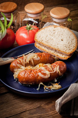 Fried sausage with onions.