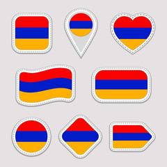 Armenia flag vector set. Armenian flags stickers collection. Isolated geometric icons. National symbols badges. Web, sport page, patriotic, travel, school, design elements. Different shapes