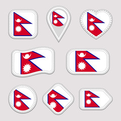 Nepal flag vector set. Nepalese flags stickers collection. Isolated geometric icons. National symbols badges. Web, sport page, patriotic, travel, school, design elements. Different shapes