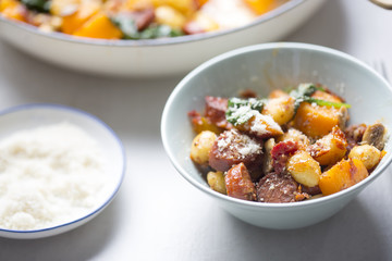 Gnocchi with chorizo, butternut, spinach, mushrooms, sun dried tomatoes and parmesan