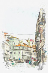 illustration Traditional street with houses and road in Lisbon in Portugal
