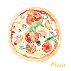 Watercolor Pizza. Hand painted realistic illustration on paper.