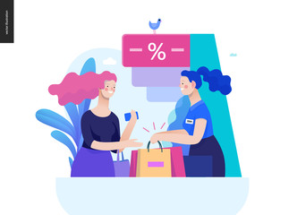 Business series, color 2 - where to buy - modern flat vector illustration concept of a customer and a shop assistant. Selling interaction and purchasing process. Creative landing page design template
