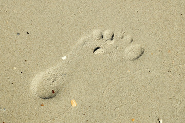 Fototapeta na wymiar Trace of human foot on the wet sand beach