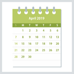 April 2019 Calendar Leaf. Monthly calendar design template