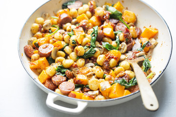 Gnocchi with chorizo, butternut, spinach, mushrooms, sun dried tomatoes and parmesan