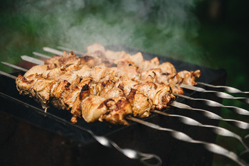 Appetizing shish kebab roasted on skewers on open air charcoal grill. Shish kebab with smoke