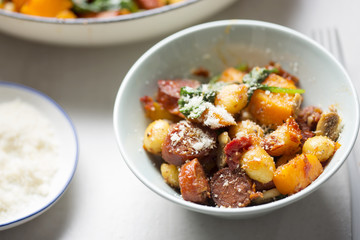 Gnocchi with chorizo, butternut, spinach, mushrooms, sun dried tomatoes and parmesan