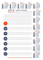 Fototapeta na wymiar 2019 Week Planner Calendar