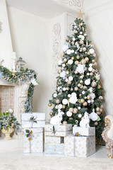 Christmas, Christmas decorations. Christmas tree, fireplace