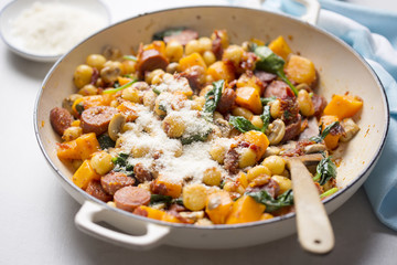 Gnocchi with chorizo, butternut, spinach, mushrooms, sun dried tomatoes and parmesan