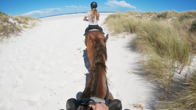 POV, riding horse to beach