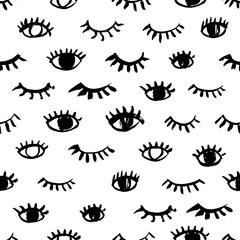 Seamless pattern with eyes and eyelashes. Hand drawn vector ornament. 