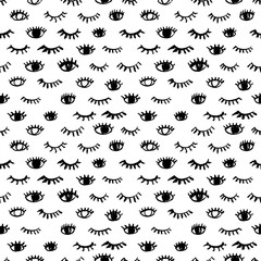 Seamless pattern with eyes and eyelashes. Hand drawn vector ornament. 