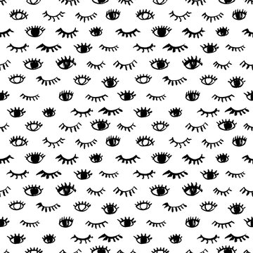 Seamless pattern with eyes and eyelashes. Hand drawn vector ornament. 