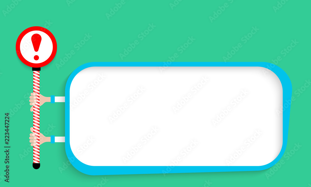 Poster a blue text frame for your text and exclamation mark. hands holding mark with red exclamation mark