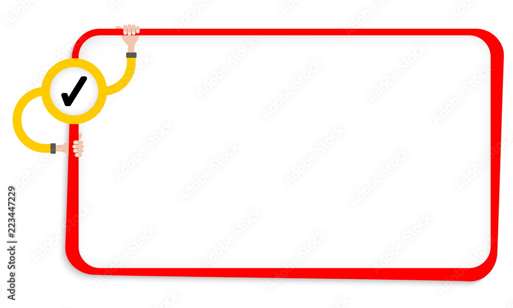 Poster red text box for your text. hands holding mark with black check box.