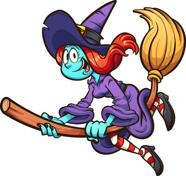 Happy thin cartoon witch flying on her broom. Vector clip art illustration with simple gradients. All in single layer. 
